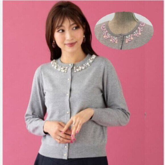 Cable & Gauge Gray cardigan with Beaded Collar size large - Picture 1 of 13